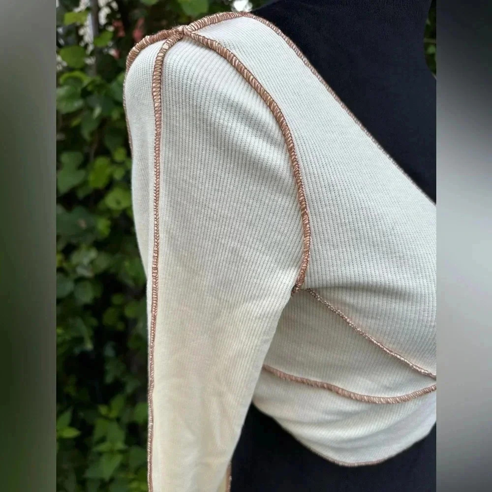 Cider cotton ribbed beige stiching long sleeve cropped top sz S nwot 006 - Picture 4 of 7